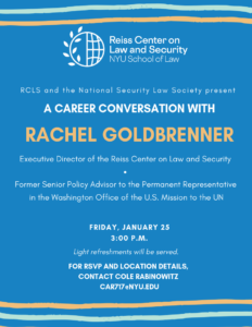 Poster for conversation with Rachel Goldbrenner