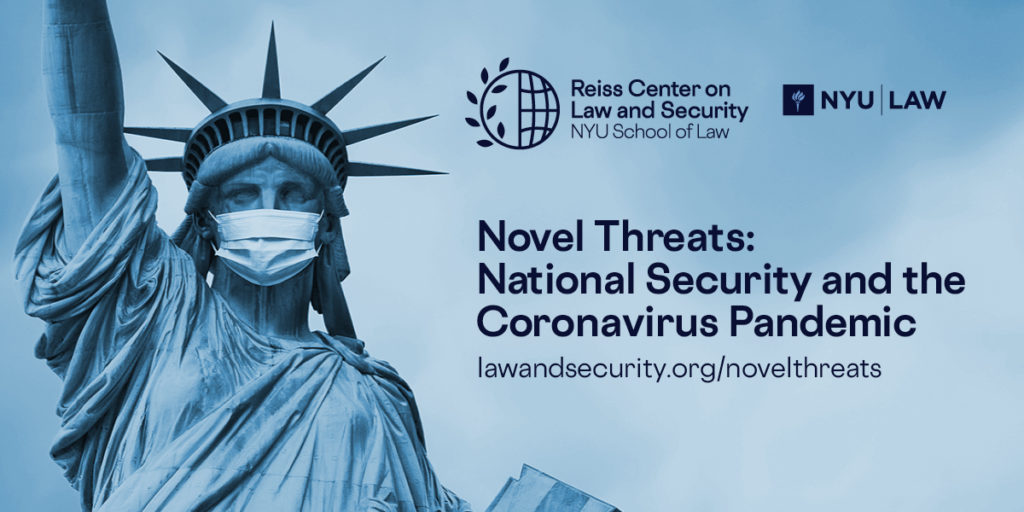 Statue of Liberty with mask; "Novel Threats: National Security and the Coronavirus Pandemic"